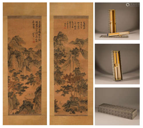 Chinese ink painting
A pair of scrolls with landscape figure...