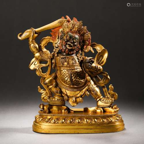 Qing Dynasty Gilt Buddha Statue with Sword and Dharma Protec...