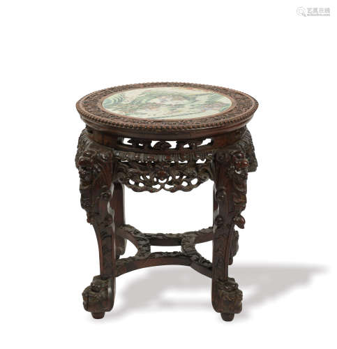 Chinese Stool with Famille Rose Plaque, 19th Century