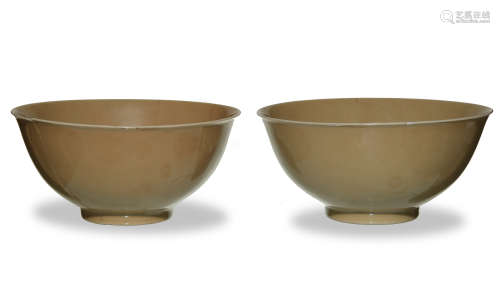 Pair of Chinese Yellow Glazed Carved Bowls, 18th