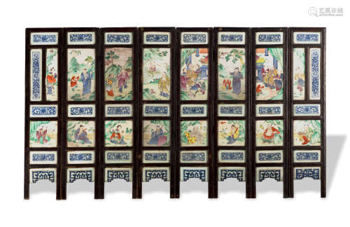 Chinese 8 Panel Screen with Porcelain Plaques, 19th