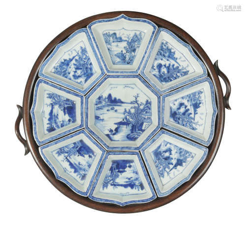 Set of 9 Chinese Blue and White Sectional Dishes, 18th