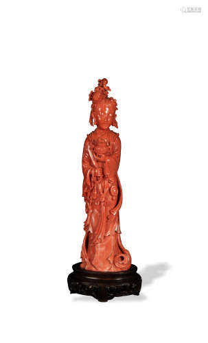 Chinese Coral Carving of a Lady, Late 19th Century