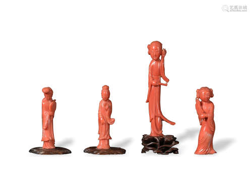 4 Chinese Coral Carvings of Women, 19th Century