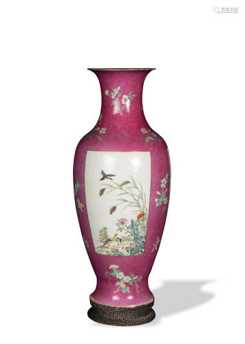 Chinese Ruby Ground Famille Rose Vase, Republic