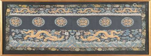 Chinese Blue Ground Silk Dragon Embroidery, Early 19th