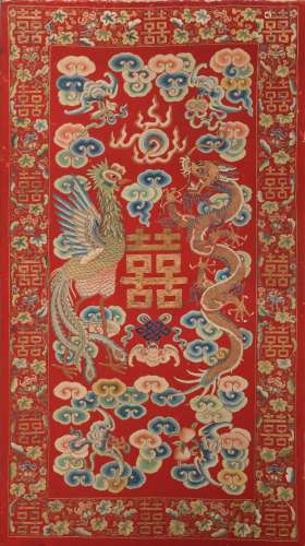 Chinese Embroidered Silk Dragon and Phoenix Panel, 19th