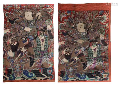Pair of Chinese Silk Embroidered Theatrical Characters
