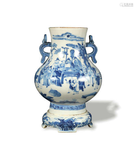 Chinese Blue and White Hu Vase with Stand, 19th Century