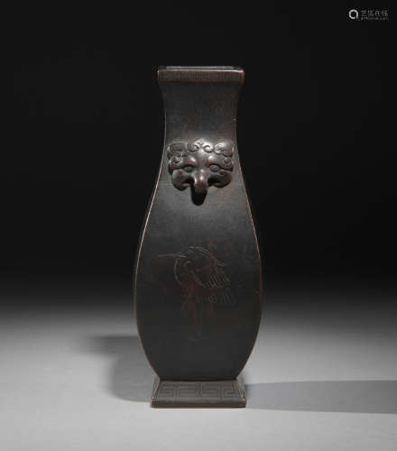 Chinese Bronze Square Vase with Silver Inlay, 18th