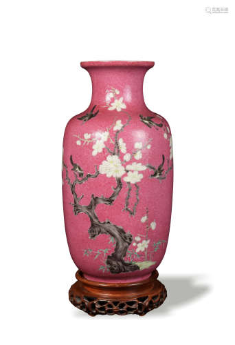 Chinese Ruby Red Famille Rose Vase with Stand, Republic