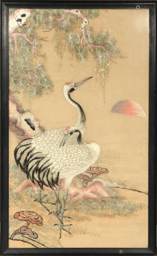 Chinese Canton Silk Crane Embroidery, Late 19th Century