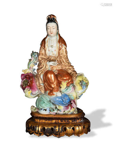 Chinese Famille Rose Guanyin with Old Stand, Republic