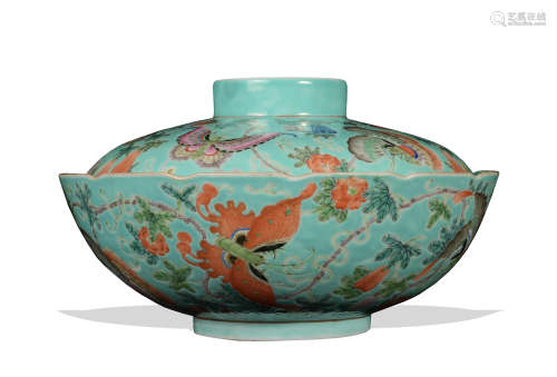 Chinese Turquoise Famille Rose Covered Bowl, Jiaqing