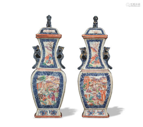 Pair of Chinese Export Blue and White Lidded Vases,