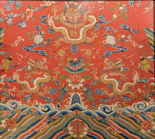 Chinese Framed Red-Ground Silk Dragon Panel, Early 19th