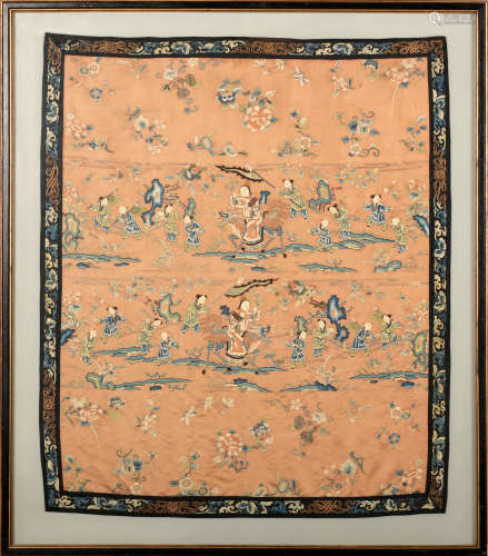 Chinese Embroidered Silk Children Panel, 19th Century