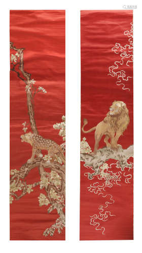 Pair of Chinese Red Silk Embroidered Panels, Republic
