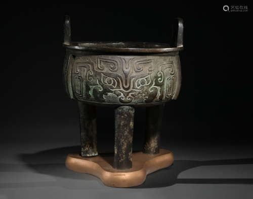 Chinese Round Bronze Ding with Stand, Ming Dynasty