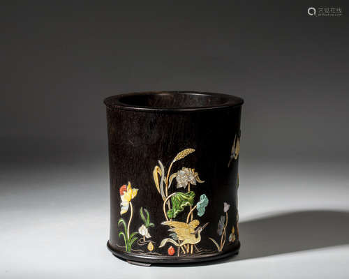 A CHINESE GEMS-INLAID ROSEWOOD BRUSHPOT,QING DYNASTY