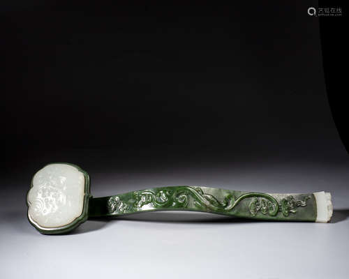 A SPINACH-GREEN JADE WHITE-JADE-INLAID RUYI SCEPTER