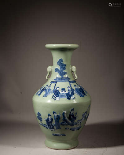 A CHINESE CELADON-GLAZED-GROUND BLUE AND WHITE VASE,KANGXI P...