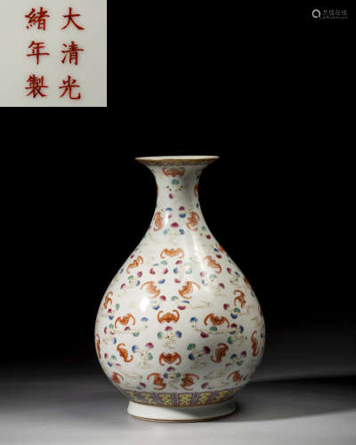 A CHINESE FAMILLE-ROSE 'BAT' PEAR-SHAPED VASE,MARK AND PERIO...