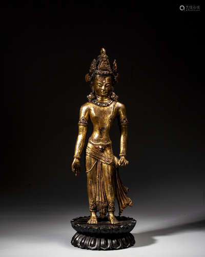 A GILT-BRONZE FIGURE OF PADMAPANI LOKESHVARA, TIBET, 13TH CT...