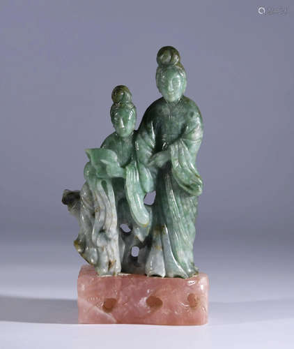 A CHINESE JADEITE FIGURE OF LADYS,QING DYNASTY