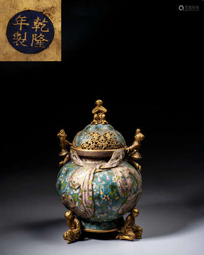 A PARCEL-GILT-BRONZE CLOISONNE ENAMEL TRIPOD CENSER AND COVE...