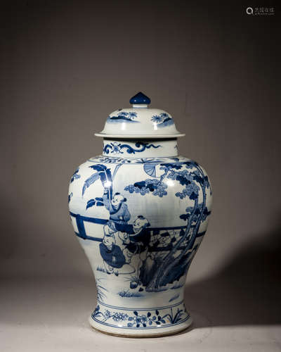 A CHINESE BLUE AND WHITE JAR AND COVER, KANGXI PERIOD