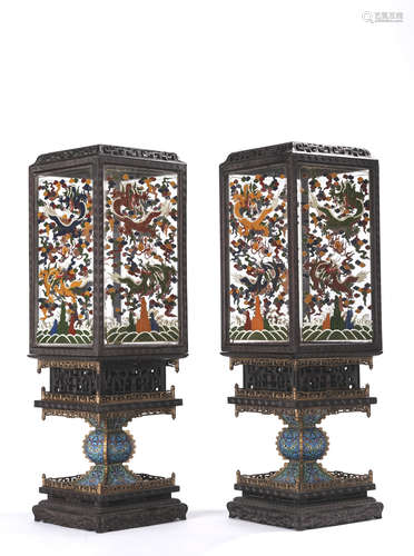 A PAIR OF ROSEWOOD ENAMEL-INLAID PALACE LANTERNS, QING DYNAS...