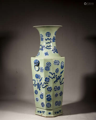 A CHINESE CELADON-GLAZED-GROUND BLUE AND WHITE VASE,KANGXI P...