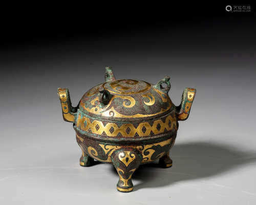 A GOLD AND SILVER-INLAID BRONZE CENSER