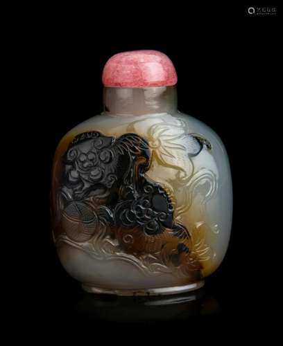 A Chinese Carved Agate 'Fu Lion' Snuff Bottle Heig...