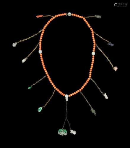 A Chinese Coral, Jade, Jadiete and Hardstone Necklace Length...