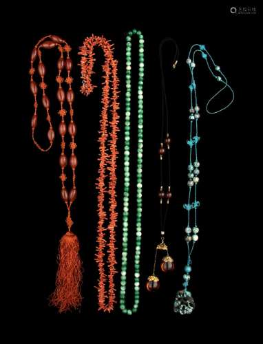 Five Chinese Hardstone and Amber Necklaces Length of longest...