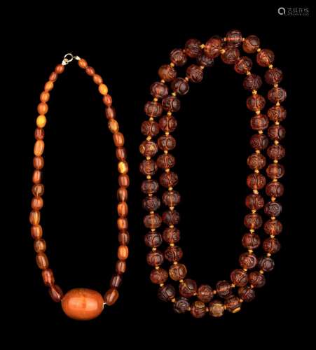 Two Chinese Amber Beaded Necklaces Length of longer 35 in,. ...