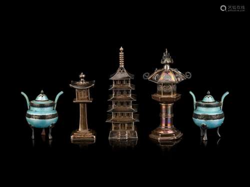 Five Chinese and Japanese Silver and Mixed Metal Salt Shaker...