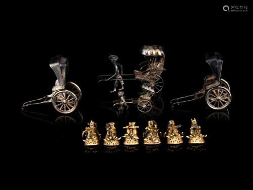 Four Chinese Miniature Silver Models of Rickshaws and A Set ...