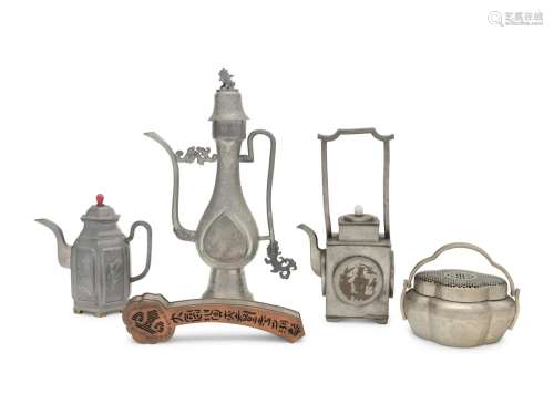 Five Chinese Pewter Wares Height of largest 14 in., 35.5 cm.
