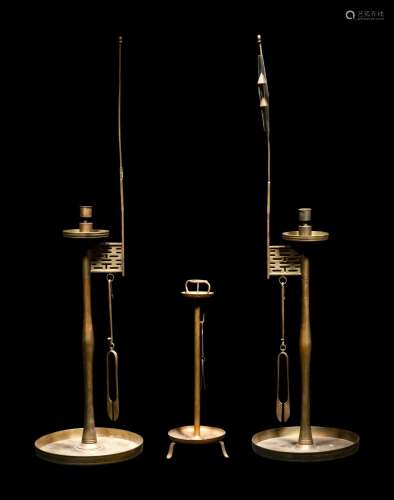 Three Chinese Copper Candlesticks Height of tallest 33 1/2 i...