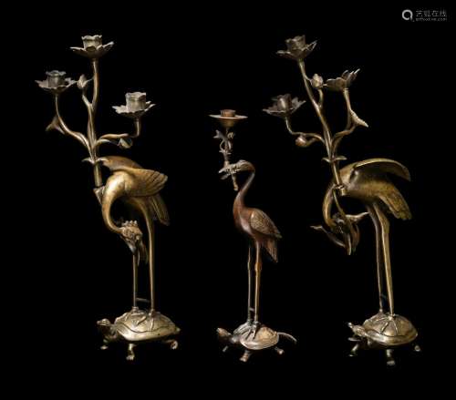 Three Chinese Bronze 'Turtle and Crane' Candle Hol...