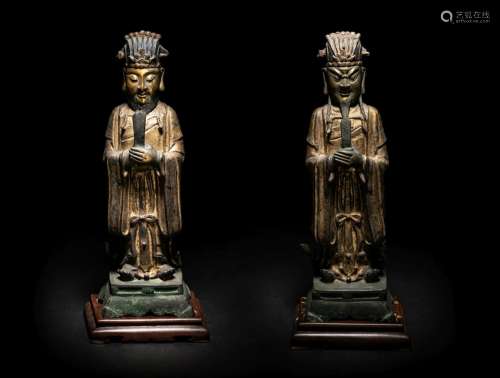 A Pair of Chinese Gilt Decorated Bronze Figures of Standing ...