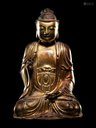 A Chinese Gilt Wood Figure of Seated Buddha Shakyamuni Heigh...
