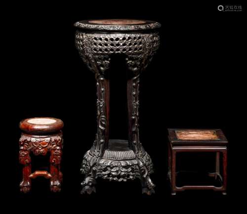 Three Chinese Marble Top Inset Hardwood Stands Height 8 5/8 ...