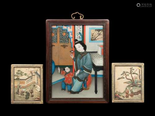 A Pair of Chinese Soapstone Embellished Panels and A Reverse...