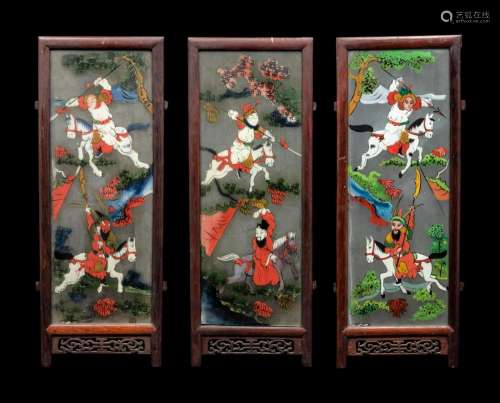 Three Chinese Painted on Glass and Wood Lanterns Height of t...