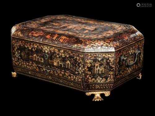 A Chinese Export Gilt Lacquered Sewing Case Length 15 in., 3...