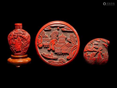 Three Chinese Cinnabar Lacquer Articles Diameter of largest ...